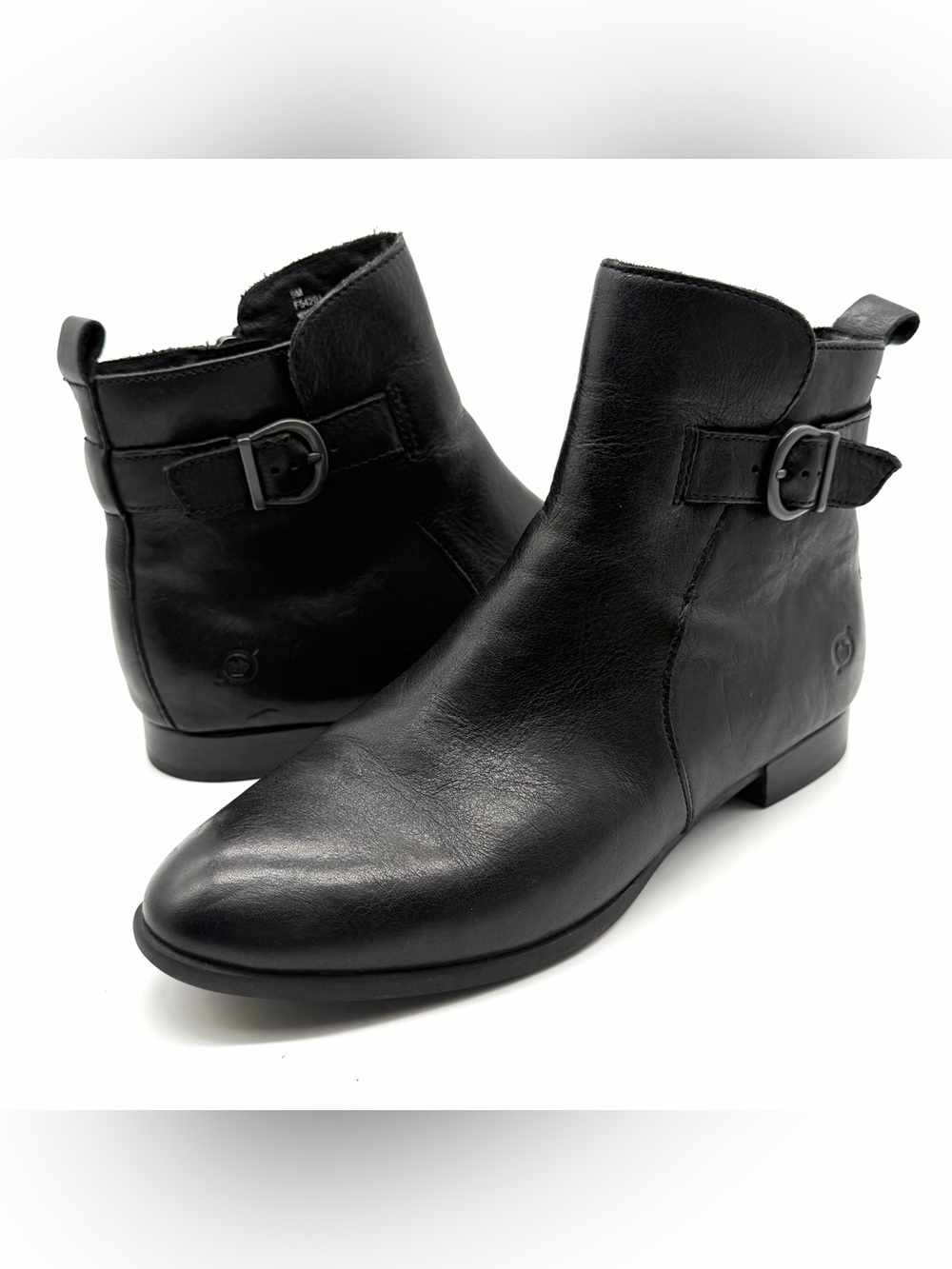 Born Size 9 Jem Ankle Black Leather Boots Low Block Heel Buckle Strap Zip Boots